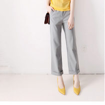 Japanese womens summer new daily commuter gray pants mouth flanging small straight tube thin thin wide leg pants 9-point pants