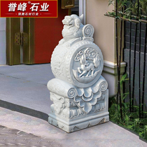 Stone carving door pier Courtyard door Natural white marble stone carving standard room Pixiu fawn Unicorn gatekeeper stone drum holding drum stone