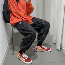 Spring and autumn plaid pants ins tide brand sports pants mens Korean version of the trend loose straight drawstring drawstring casual pants