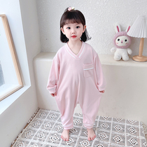 Baby pajamas spring and autumn pure cotton childrens one-piece pajamas baby de velvet one-piece anti-kick sleeping bag girls home clothes