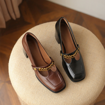 Coarse heel single shoes womens spring and autumn new leather French retro T-shaped high heels Joker British small leather shoes