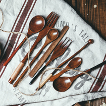 Japanese handmade solid wood spoon couple spoon Fork rice spoon soup spoon coffee teaspoon log spoon Fork mixing stick