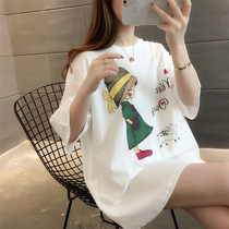 South Korea long cartoon print short sleeve t-shirt women 2021 summer loose Joker half sleeve shirt ins tide top