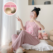 Womens summer short-sleeved trousers with chest pad pajamas modal loose casual thin section Korean version sweet can be worn outside home clothes