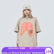 INSNLASIA original chest heart retro round neck short-sleeved tide brand mens and womens hip-hop couple T-shirt