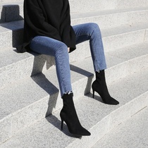 Hong Kong winter black high heels 2020 new womens shoes stiletto pointed toe short boots plus velvet elastic thin single boots