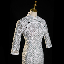 White lace cheongsam 2021 New retro National style improved medium length high quality long sleeve dress women