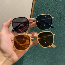 Retro sunglasses female tide round face big frame box Harajuku sun glasses mens net red street shoot the same glasses female tea color