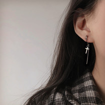 Force Pushing Distinctive Cross Earrings Through Body 925 Pure Silver Personality Eardrop Woman Handsome Mens Ear Accessories