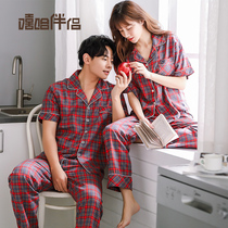 Shuttle Loom Cotton Cloth] Couple sleeping Summer pure cotton short sleeve long pants Home Full Cotton Thin summertime men