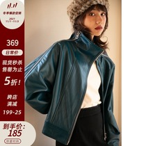 MICHELLY MO black turtleneck soft leather motorcycle leather jacket jacket winter