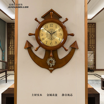 Solid wood rudder wall clock Living room new Chinese clock Household watch Creative atmosphere American decorative helmsman Quartz clock