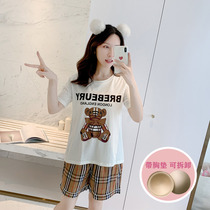 Pajamas with chest pad womens summer short-sleeved cotton Korean cartoon bear shorts students can wear home clothes suits