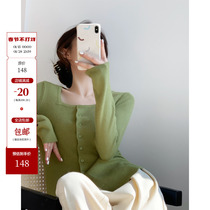 ICTS You are my underwater moon Three-color into French style gentle and elegant small square collar single breasted sweater