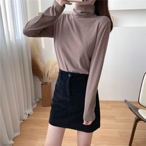 Undershirt woman 2022 autumn winter new high collar elastic pure color inner lap long sleeve t-shirt plus suede thickened warm jacket