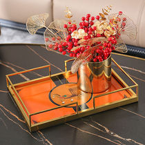 Nordic light luxury golden glass orange tea tray simple modern living room desktop wine storage storage alloy tray