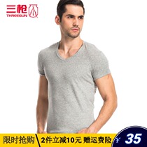 Three-gun short sleeve male T-shirt Modale V collar pure color ice silk elastic movement breathable casual pure color thin undershirt