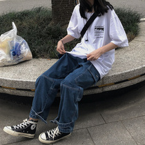 ZBJ national tide jeans women loose retro leg pants washed Japanese straight pants wide legs multi pocket overalls