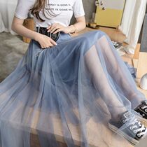 Real shot spring skirt female a-line skirt Medium and long mesh skirt Pleated fairy skirt Black skirt