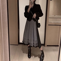 Black skirt women spring and autumn set 2021 New High cold line imperial sister fashion waist mesh dress two-piece set