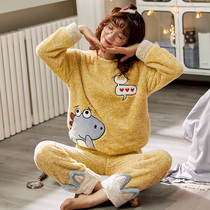 Big child flannel pajamas female spring and autumn thick coral velvet cute cartoon junior high school student girl warm suit