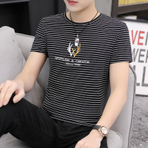 Mens striped short sleeve T-shirt embroidered 2021 summer new thin slim Korean trend youth top body shirt T