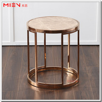 Light Luxury Round Living Room Metal Rose Gold Plated Small Side Table Light Orange Net Marble Round Table
