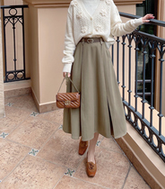 MOBAI homemade retro high waist a word half body dress Women fall French style fit belt 100 lap press pleats for long dresses