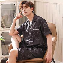  Summer mens silk ice silk pajamas Mens summer thin short-sleeved shorts home service suit mens two-piece set zs