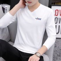 2022 new hit undershirt men t-shirt long sleeve v collar autumn clothes in autumn clothing body with pure cotton thin lap trendy white