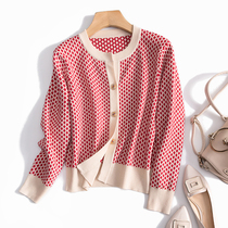 Single thin jacquard round neck long sleeve knitted cardigan womens coat 19 autumn
