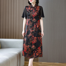 Fragrant cloud yarn one-piece dress 2022 pop dress new female summer heavy pound genuine silk high-end pearl satin silk qipao