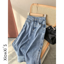 Little Hijia) Light Blue Denim Half Body Skirt Spring Womens Type High Waist Mid-Length Open Fork Bag Hip Length Dress 2022 New Product