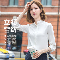 Stand neck shirt womens summer thin chiffon top grade white shirt chiffon shirt temperament seven-point sleeve