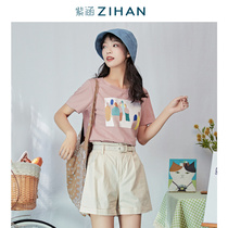 Cat Island Diary Zihan Summer Short Sleeve T-shirt Womens Loose Short Top Round Neck Simple T-shirt Womens Tide