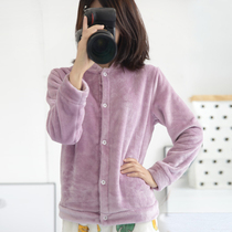 Winter thickened coral velvet pajamas womens simple cardigan flannel home clothes can be worn outside autumn and winter warm tops