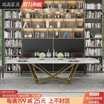 Marble table rectangular household dining table Hong Kong-style light luxury simple post-modern stainless steel Nordic marble table