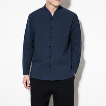 Chinese style cotton linen mens coat casual mens handsome autumn dress buckle retro large size pure white village Cedar clothing long sleeve