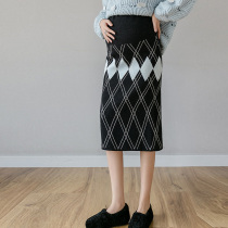 Pregnant womens skirt autumn adjustable diamond-shaped Plaid tide mother knitted underbelly skirt mid-long winter bottom commute