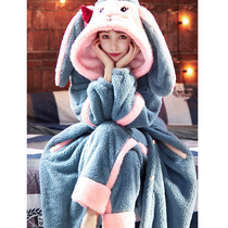 Sleepwear woman autumn and winter plus suede thickened sleeping robe with two sets of outside wearing cartoon flannel home Coral Suede