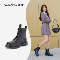 Okang womens shoes in winter with fashion casual comfort and leather British wind black Martin boots rough heels