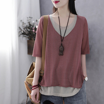 Han Suoyi retro art summer new five-point sleeve linen thin T-shirt women's fake two-piece loose sleeve jacket