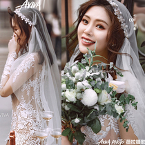 Rhinestone flower lace hat style bridal veil wedding dress headdress short veil brigade photography Mori Super fairy Net red photo model
