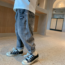 Meng Mengs Costume Spring Autumn style Boy jeans Han version Baby Elastic Jeans in Childrens Long Pants Ocean Gas Tide