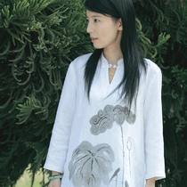 Ciyuan hand-painted cotton hemp - standing collar disc buckle Chinese style long womens clothing ethnic style top Long short sleeves 30690-104