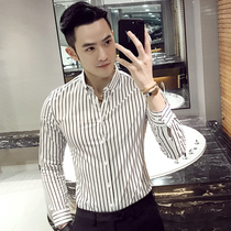 Fugui bird fashion striped shirt men Korean slim long short sleeve shirt suit base shirt short sleeve shirt