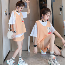Maternity summer suit trendy mom out shorts fashion summer top womens summer new summer net red two-piece set