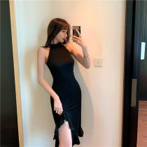 Style Elegant Temperament Sexy Little Black Dress Fashion Mid long Open Fork Hang neck Shoulder Dress LOTUS LEAF SIDE GOWN