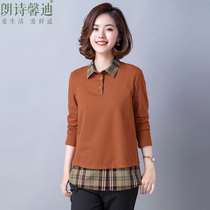 Mothers fake two-piece POLO collar western style top mid-length bottoming shirt middle-aged womens autumn loose long-sleeved t-shirt