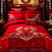 Bedding cotton wedding four-piece embroidery wedding wedding wedding cotton comfortable Chinese dragon and phoenix happy is Big Red